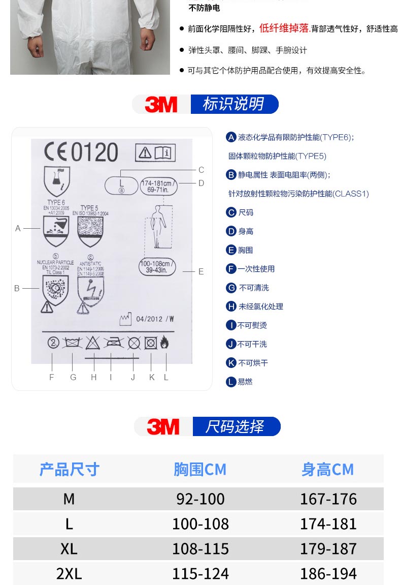 3M 4515白色带帽连体防护服