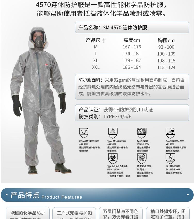 3M 4570 防轻度化学液体飞溅连体防化服